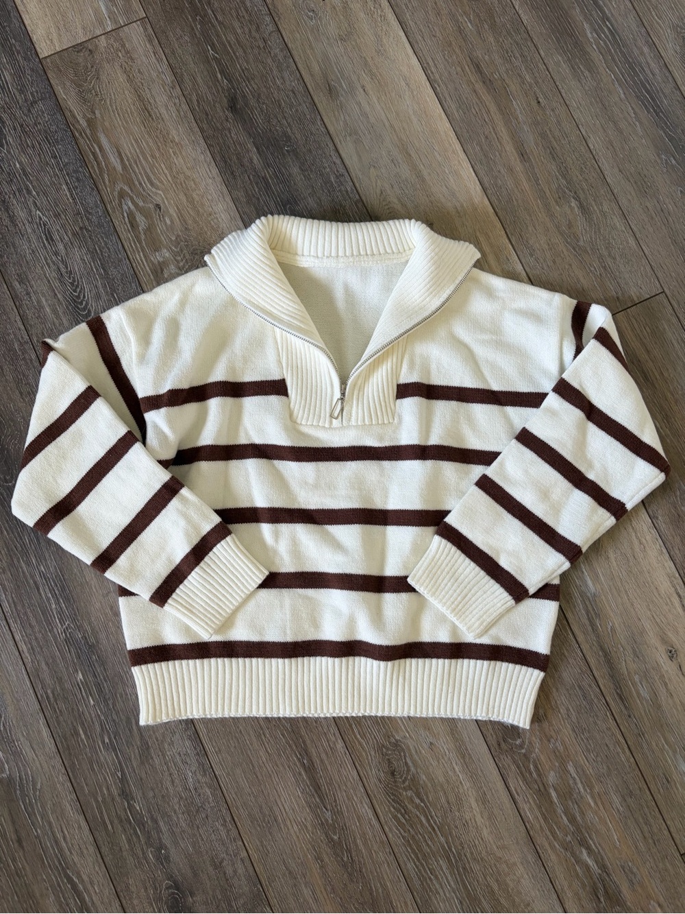 Cream and Brown Striped Shawl Collar Sweater